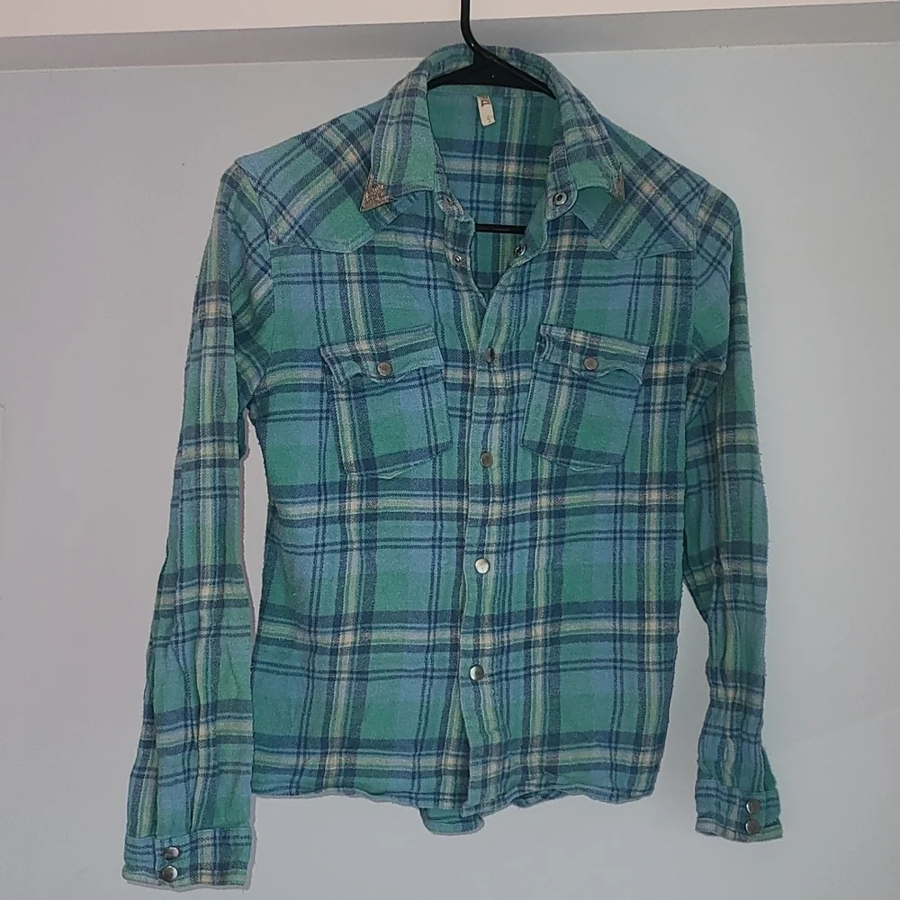 Spell designs lost highway flannel shirt turquoise buttondown S teal flannelette - Picture 9 of 16